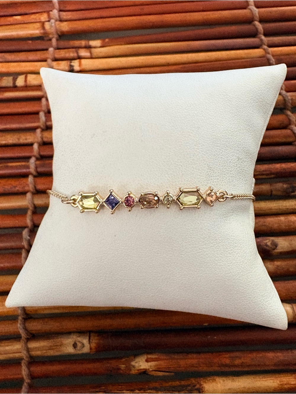 Gold-Tone Multistone Accent Bracelet in Yellow, Purple & Pink 7.25”-8.25”